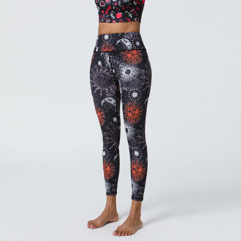 Buddha Stones, kwiaty, pióra, słońce, księżyc, nadruk, spodnie sportowe, fitness, joga, legginsy z wysokim stanem, damskie - Czarno-czerwone słońce, biały księżyc - US12, UK/AU16, EU44 (XL) - image 5