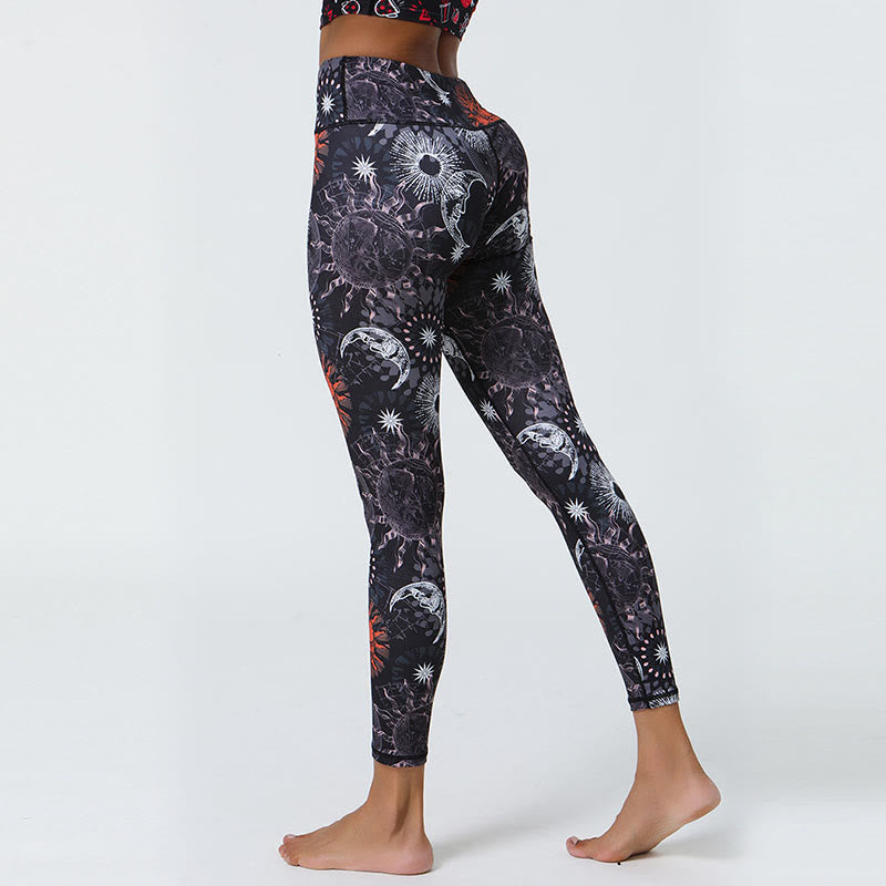 Buddha Stones Kwiaty Pióra Słońce Księżyc Nadruk Sport Fitness Joga Wysoki Stan Legginsy Damskie Spodnie