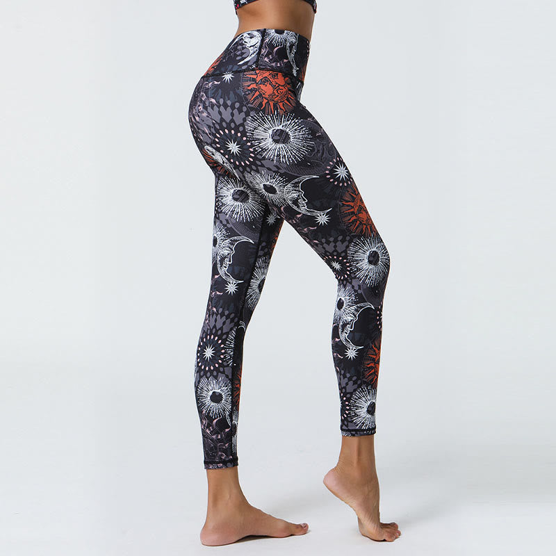 Buddha Stones Kwiaty Pióra Słońce Księżyc Nadruk Sport Fitness Joga Wysoki Stan Legginsy Damskie Spodnie