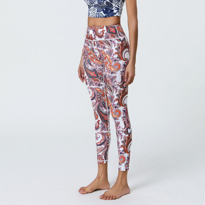 Buddha Stones Kwiaty Pióra Słońce Księżyc Nadruk Sport Fitness Joga Wysoki Stan Legginsy Damskie Spodnie - Biało-czerwony wzór - US12, UK/AU16, EU44 (XL) - image 17