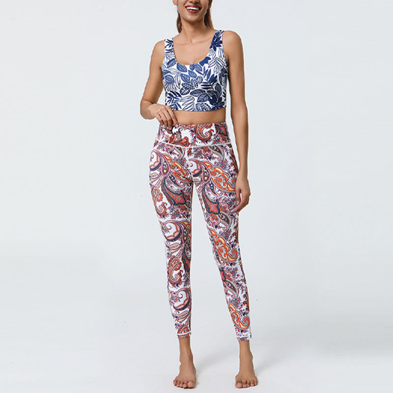 Buddha Stones Kwiaty Pióra Słońce Księżyc Nadruk Sport Fitness Joga Wysoki Stan Legginsy Damskie Spodnie