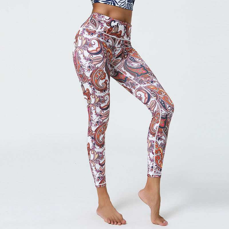 Buddha Stones Kwiaty Pióra Słońce Księżyc Nadruk Sport Fitness Joga Wysoki Stan Legginsy Damskie Spodnie