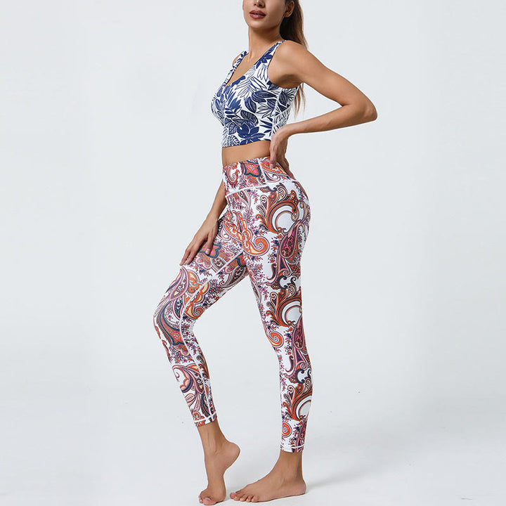 Buddha Stones Kwiaty Pióra Słońce Księżyc Nadruk Sport Fitness Joga Wysoki Stan Legginsy Damskie Spodnie