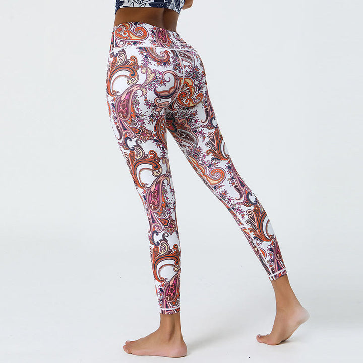 Buddha Stones Kwiaty Pióra Słońce Księżyc Nadruk Sport Fitness Joga Wysoki Stan Legginsy Damskie Spodnie
