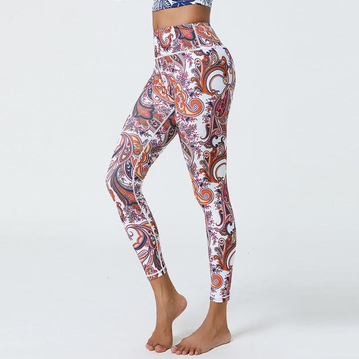 Buddha Stones Kwiaty Pióra Słońce Księżyc Nadruk Sport Fitness Joga Wysoki Stan Legginsy Damskie Spodnie