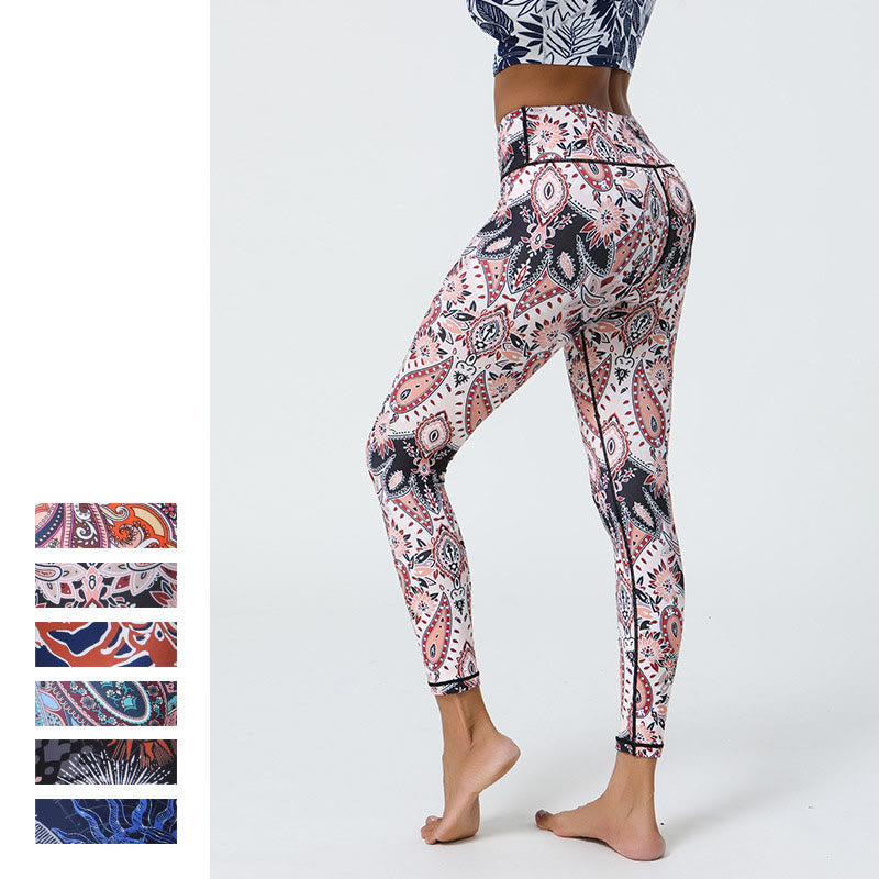 Buddha Stones Kwiaty Pióra Słońce Księżyc Nadruk Sport Fitness Joga Wysoki Stan Legginsy Damskie Spodnie