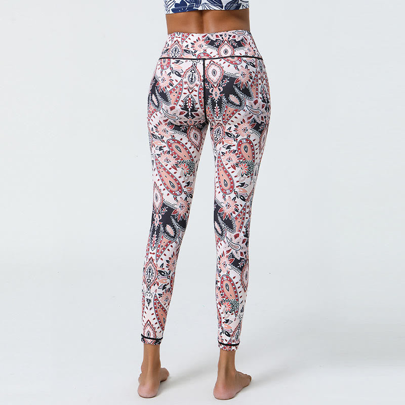Buddha Stones Kwiaty Pióra Słońce Księżyc Nadruk Sport Fitness Joga Wysoki Stan Legginsy Damskie Spodnie
