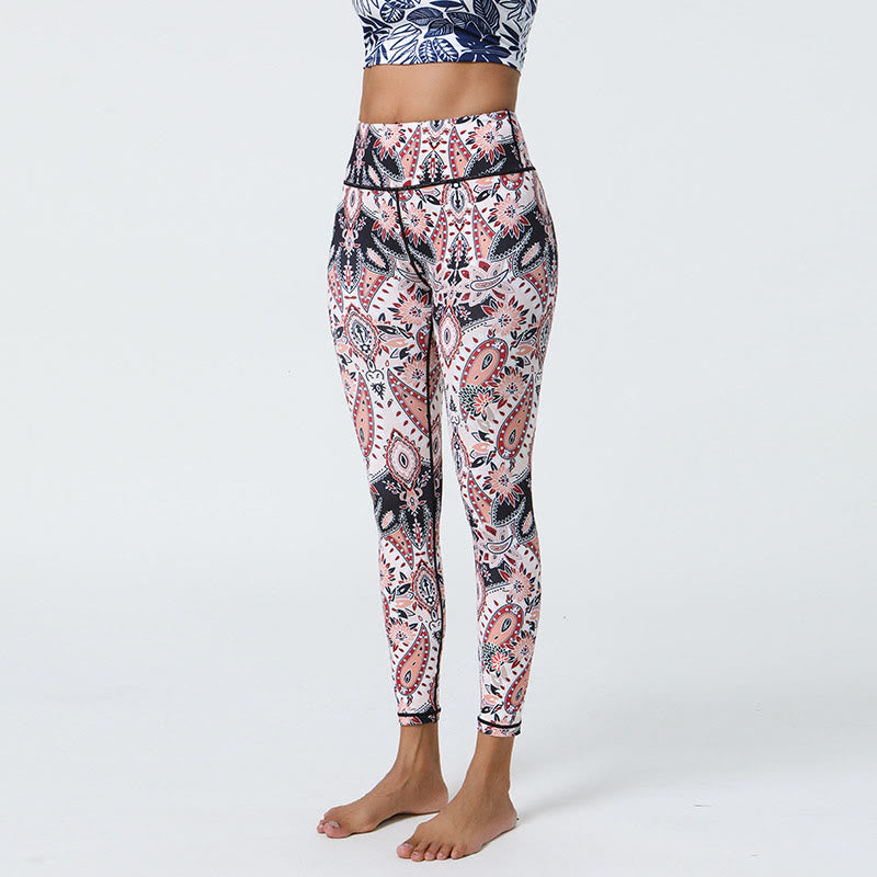Buddha Stones Kwiaty Pióra Słońce Księżyc Nadruk Sport Fitness Joga Wysoki Stan Legginsy Damskie Spodnie