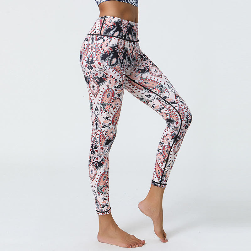 Buddha Stones Kwiaty Pióra Słońce Księżyc Nadruk Sport Fitness Joga Wysoki Stan Legginsy Damskie Spodnie