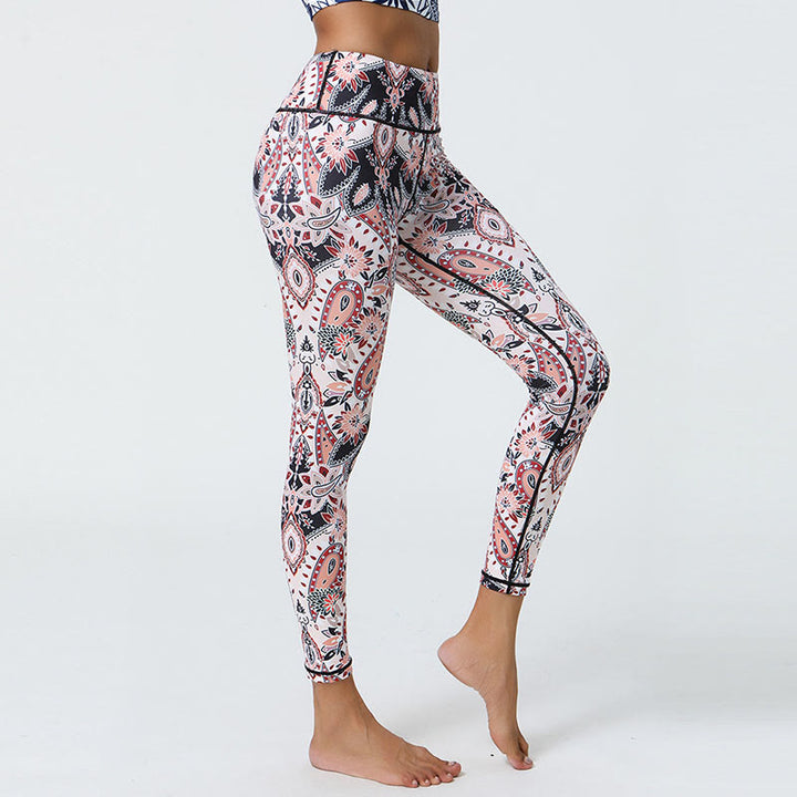 Buddha Stones Kwiaty Pióra Słońce Księżyc Nadruk Sport Fitness Joga Wysoki Stan Legginsy Damskie Spodnie