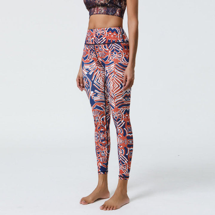 Buddha Stones, kwiaty, pióra, słońce, księżyc, nadruk, spodnie sportowe, fitness, joga, legginsy z wysokim stanem, damskie - Czerwony ciemnoniebieski wzór - US12, UK/AU16, EU44 (XL) - image 27