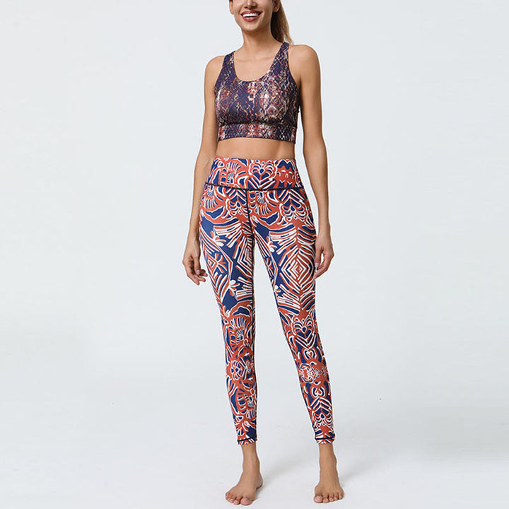 Buddha Stones Kwiaty Pióra Słońce Księżyc Nadruk Sport Fitness Joga Wysoki Stan Legginsy Damskie Spodnie