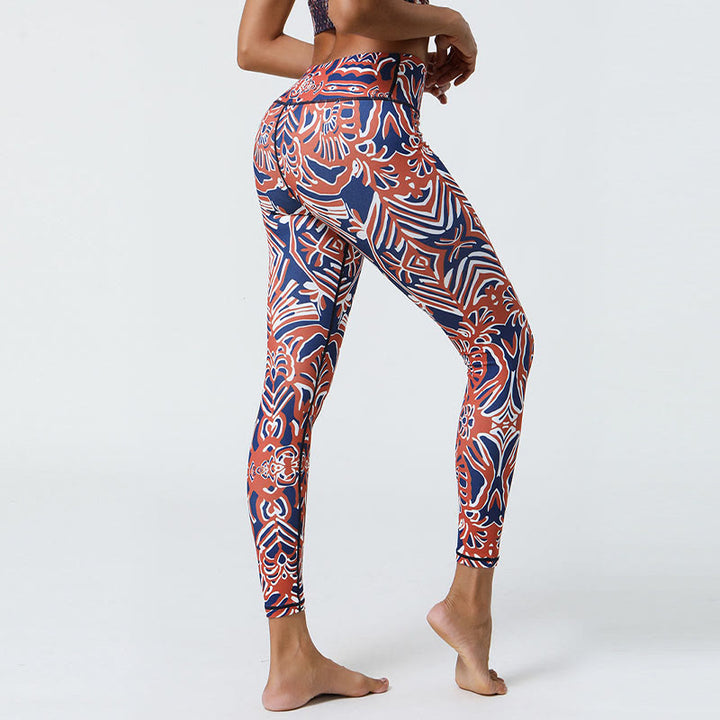 Buddha Stones Kwiaty Pióra Słońce Księżyc Nadruk Sport Fitness Joga Wysoki Stan Legginsy Damskie Spodnie