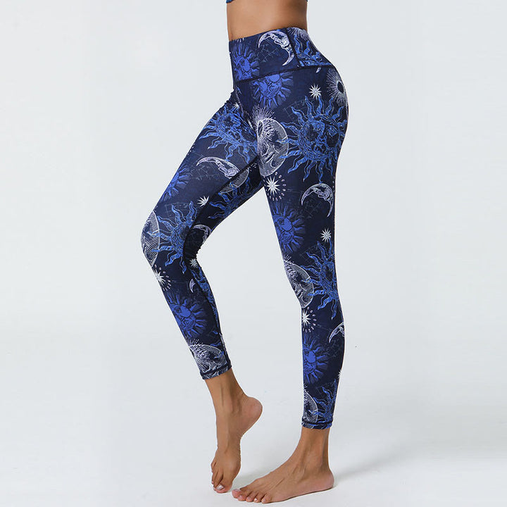 Buddha Stones Kwiaty Pióra Słońce Księżyc Nadruk Sport Fitness Joga Wysoki Stan Legginsy Damskie Spodnie