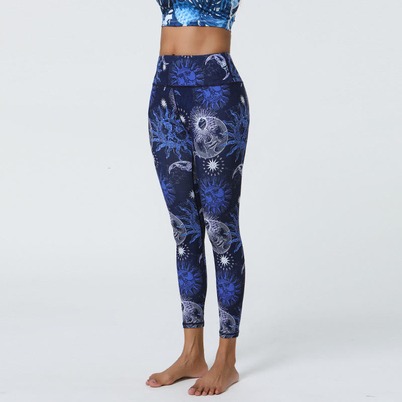 Buddha Stones, kwiaty, pióra, słońce, księżyc, nadruk, spodnie sportowe, fitness, joga, legginsy z wysokim stanem, damskie - Ciemnoniebieskie słońce, biały księżyc - US12, UK/AU16, EU44 (XL) - image 10