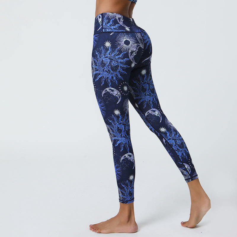 Buddha Stones Kwiaty Pióra Słońce Księżyc Nadruk Sport Fitness Joga Wysoki Stan Legginsy Damskie Spodnie