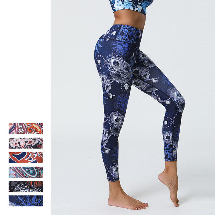 Buddha Stones Kwiaty Pióra Słońce Księżyc Nadruk Sport Fitness Joga Wysoki Stan Legginsy Damskie Spodnie