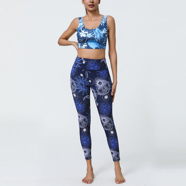 Buddha Stones Kwiaty Pióra Słońce Księżyc Nadruk Sport Fitness Joga Wysoki Stan Legginsy Damskie Spodnie