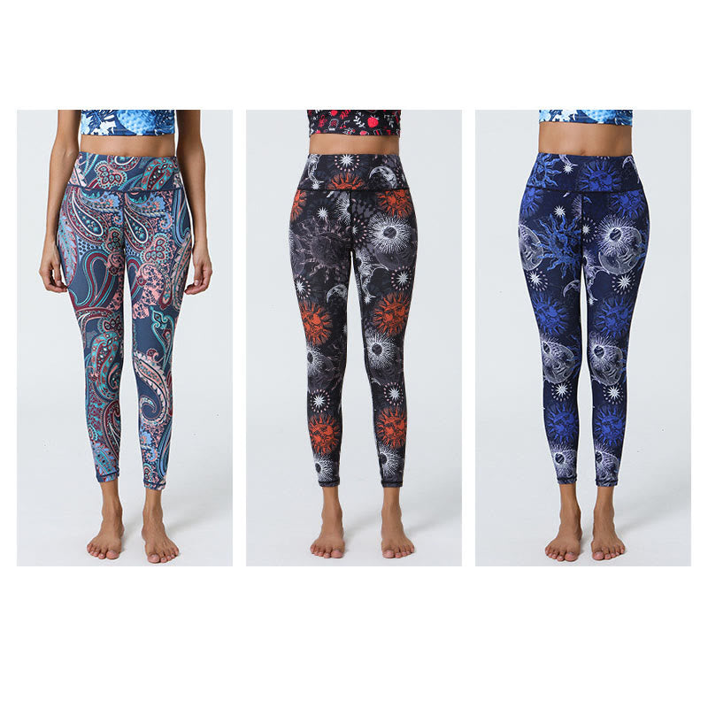 Buddha Stones Kwiaty Pióra Słońce Księżyc Nadruk Sport Fitness Joga Wysoki Stan Legginsy Damskie Spodnie