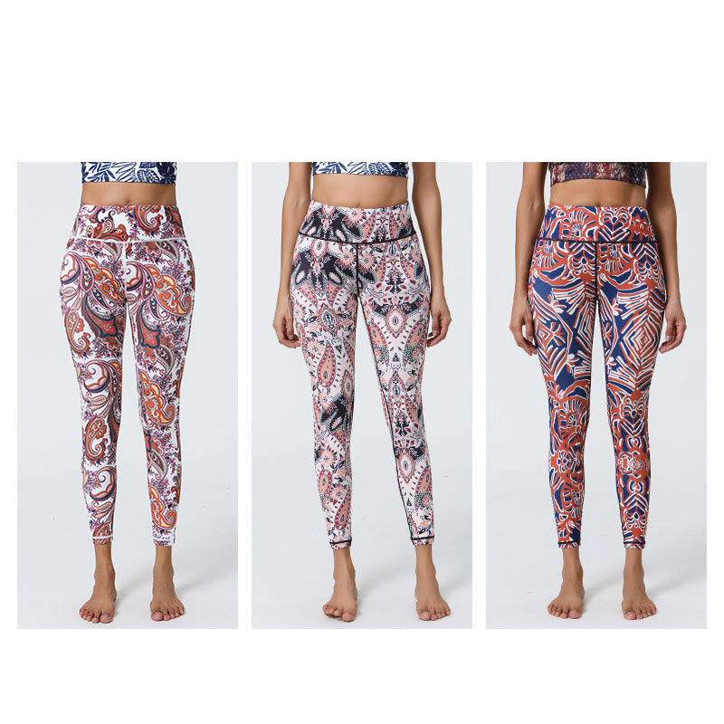 Buddha Stones Kwiaty Pióra Słońce Księżyc Nadruk Sport Fitness Joga Wysoki Stan Legginsy Damskie Spodnie