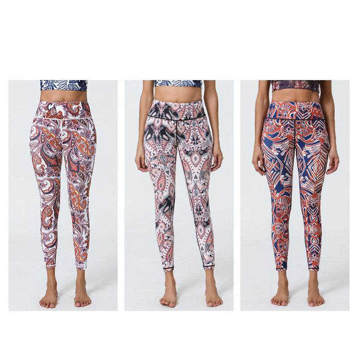 Buddha Stones Kwiaty Pióra Słońce Księżyc Nadruk Sport Fitness Joga Wysoki Stan Legginsy Damskie Spodnie