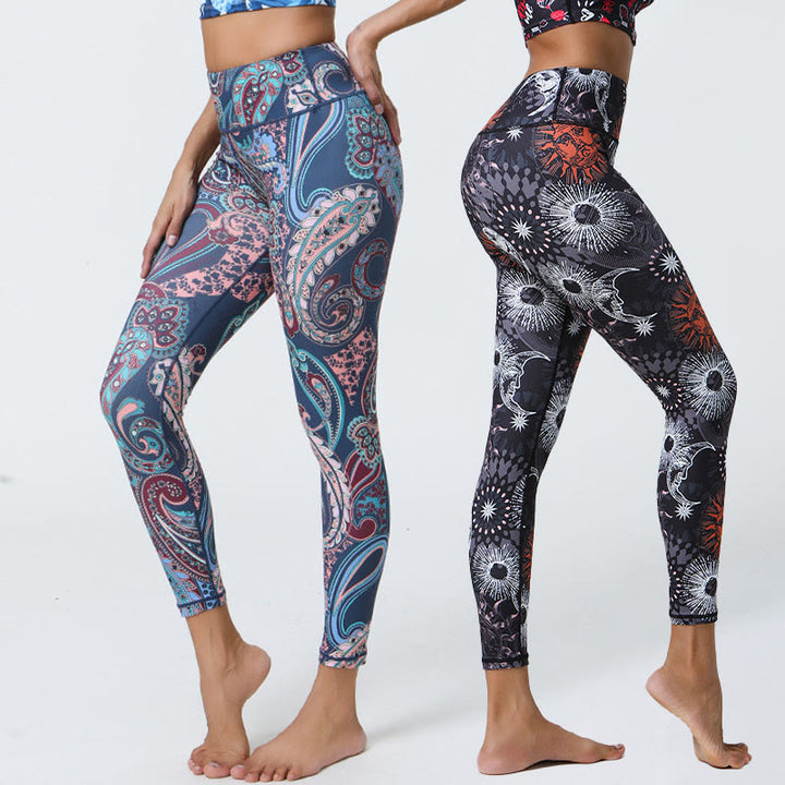 Buddha Stones Kwiaty Pióra Słońce Księżyc Nadruk Sport Fitness Joga Wysoki Stan Legginsy Damskie Spodnie