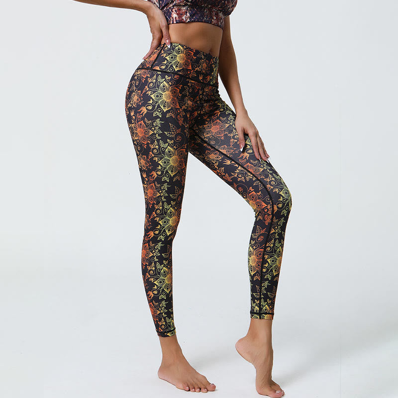 Buddha Stones Kwiaty Geometryczne Mandale Nadruk Sport Fitness Joga Wysoki Stan Legginsy Damskie Spodnie