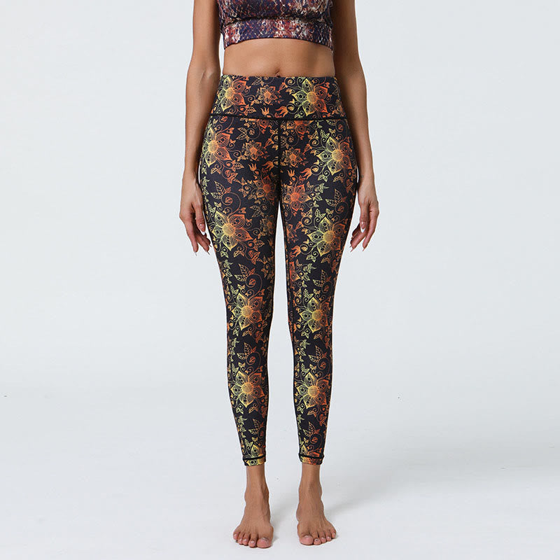 Buddha Stones Kwiaty Geometryczne Mandale Nadruk Sport Fitness Joga Wysoki Stan Legginsy Damskie Spodnie - Czarno-żółte kwiaty - US12, UK/AU16, EU44 (XL) - image 7