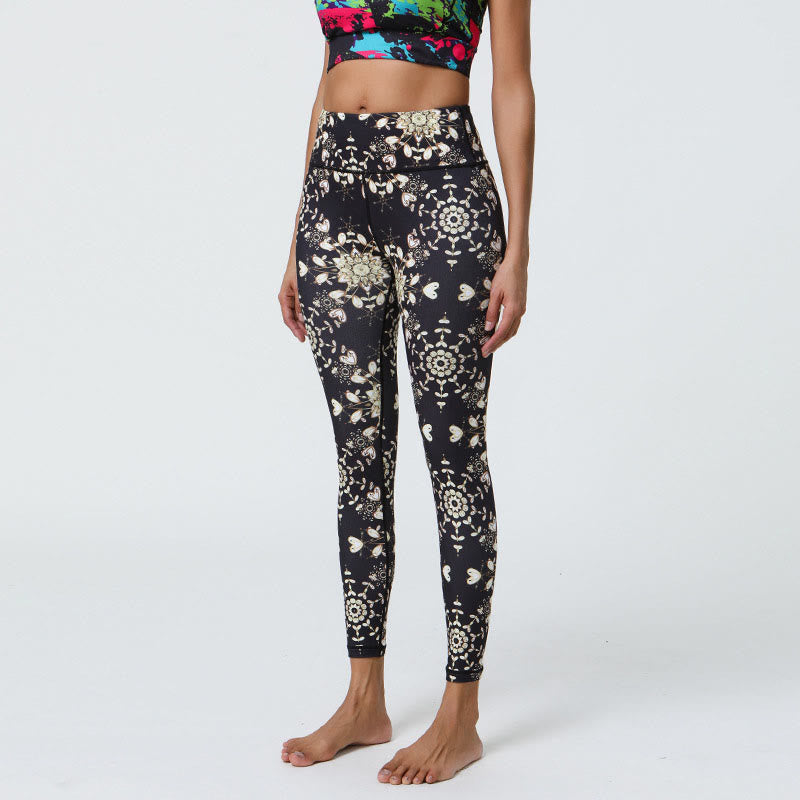 Buddha Stones Kwiaty Geometryczne Mandale Nadruk Sport Fitness Joga Wysoki Stan Legginsy Damskie Spodnie