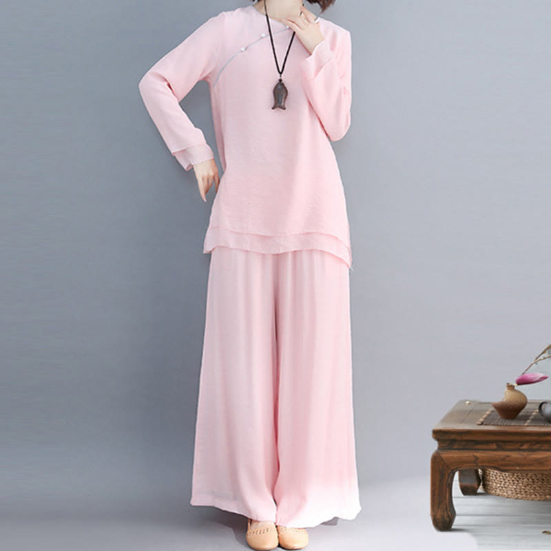 Buddha Stones 2 szt. Trzy czwarte rękawy koszula z długim rękawem szerokie spodnie do medytacji bawełna len odzież damska zestaw - Lawendowy róż - Długi rękaw - US8-10, UK/AU12-14, EU40-42 (3XL) - image 14