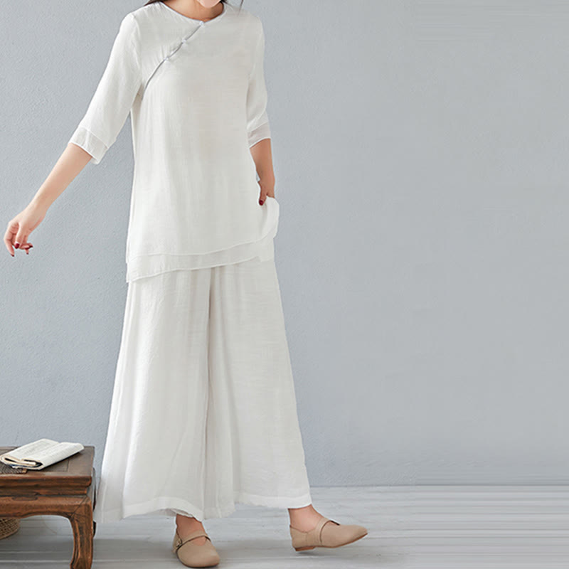 Buddha Stones 2 szt. Trzy czwarte rękawy koszula z długim rękawem szerokie spodnie do medytacji bawełna len odzież damska zestaw - image 8