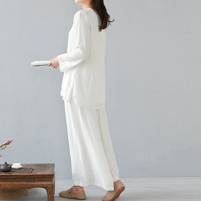 Buddha Stones 2 szt. Trzy czwarte rękawy koszula z długim rękawem szerokie spodnie do medytacji bawełna len odzież damska zestaw - image 2