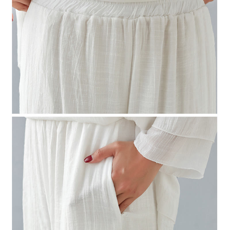 Buddha Stones 2 szt. Trzy czwarte rękawy koszula z długim rękawem szerokie spodnie do medytacji bawełna len odzież damska zestaw - image 12