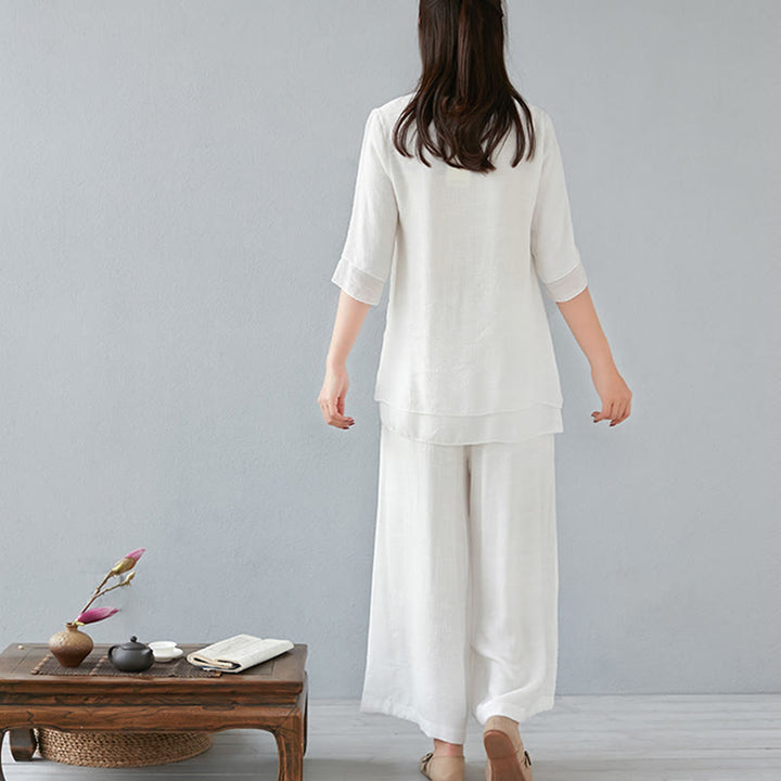 Buddha Stones 2 szt. Trzy czwarte rękawy koszula z długim rękawem szerokie spodnie do medytacji bawełna len odzież damska zestaw - image 10