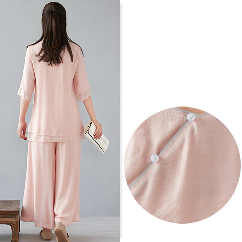 Buddha Stones 2 szt. Trzy czwarte rękawy koszula z długim rękawem szerokie spodnie do medytacji bawełna len odzież damska zestaw - image 24