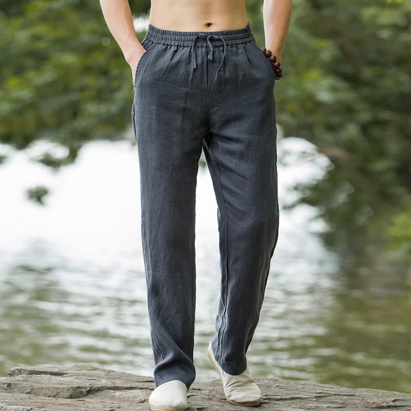 Buddha Stones Spodnie męskie z szerokimi nogawkami i kieszeniami, jednokolorowe, bawełniane i lniane - image 11