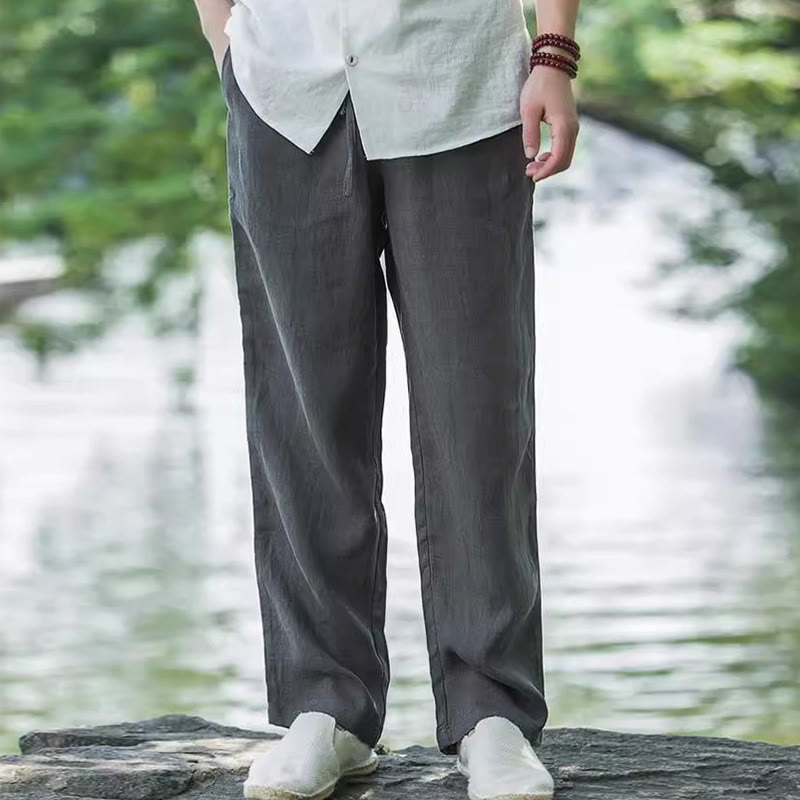Buddha Stones Spodnie męskie z szerokimi nogawkami i kieszeniami, jednokolorowe, bawełniane i lniane - image 10