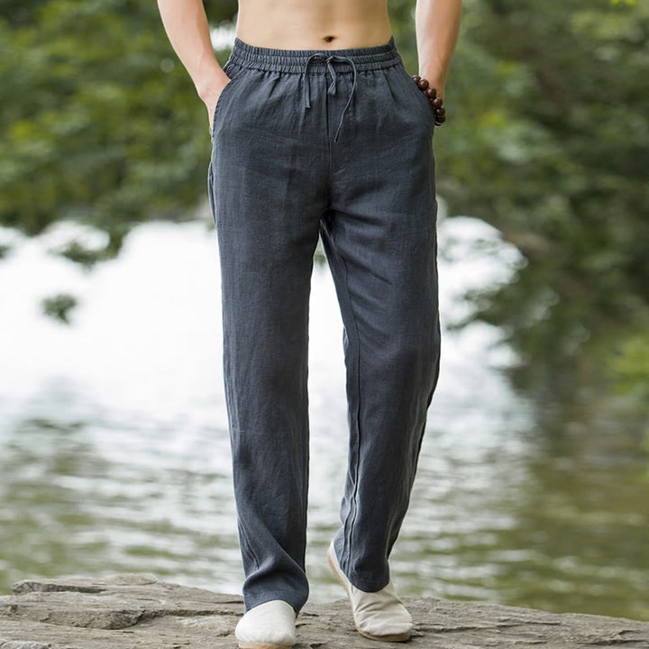 Buddha Stones Spodnie męskie z szerokimi nogawkami i kieszeniami, jednokolorowe, bawełniane i lniane - image 10