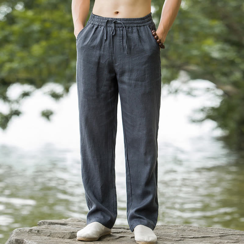 Buddha Stones Spodnie męskie z szerokimi nogawkami i kieszeniami, jednokolorowe, bawełniane i lniane - image 14