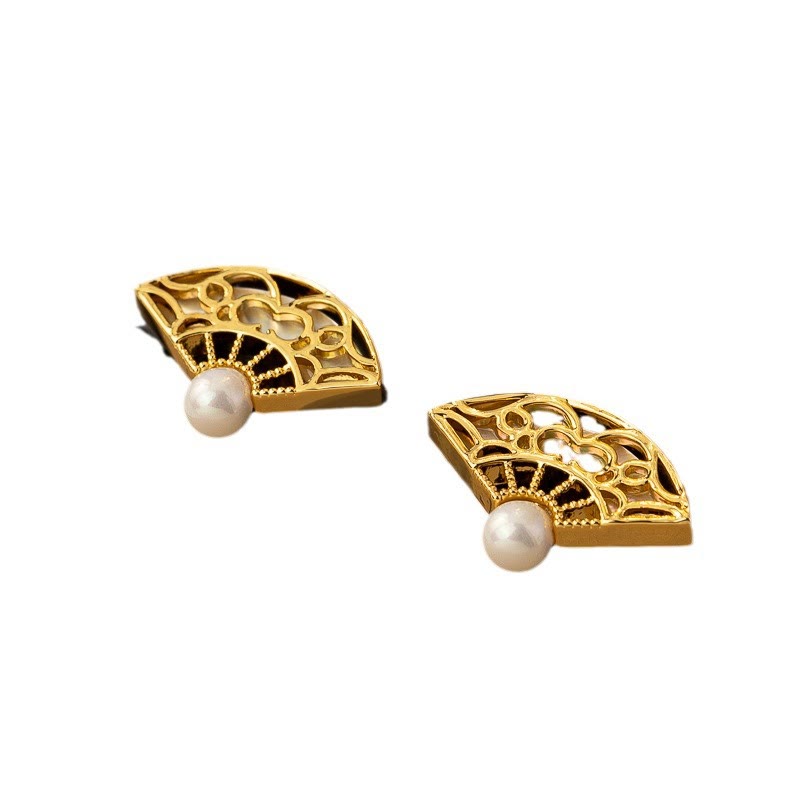Kolczyki Buddha Stones 925 Srebro Sterling Wzór Fan Perła Miedź Mądrość Sztyft