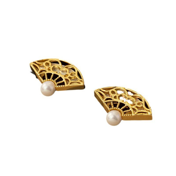 Kolczyki Buddha Stones 925 Srebro Sterling Wzór Fan Perła Miedź Mądrość Sztyft