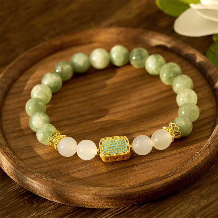 Buddha Stones Naturalny Zielony Jadeit Biały Agat Pięć Pism Bransoletka Obfitości