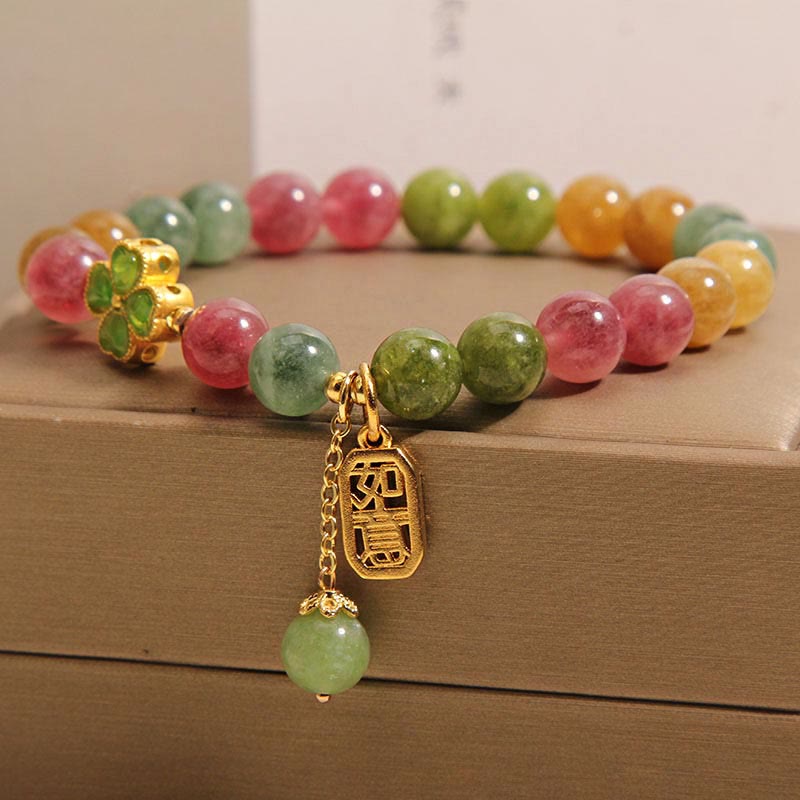 Bransoletka z kolorowymi czterolistnymi koniczynkami i Buddha Stones i jadeitem