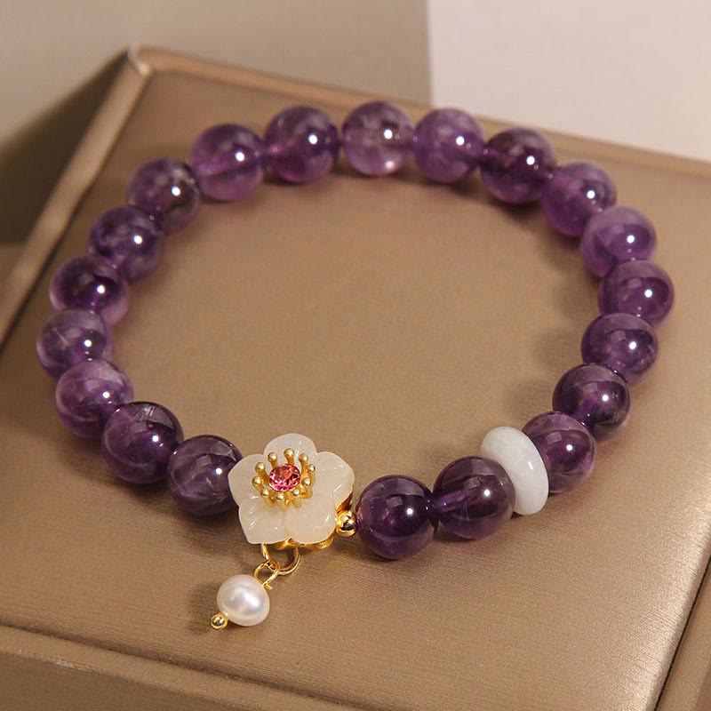 Buddha Stones Naturalny Ametyst Biały Agat Perła Charm Bransoletka Równowaga
