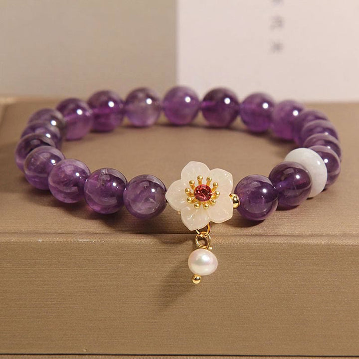 Buddha Stones Naturalny Ametyst Biały Agat Perła Charm Bransoletka Równowaga