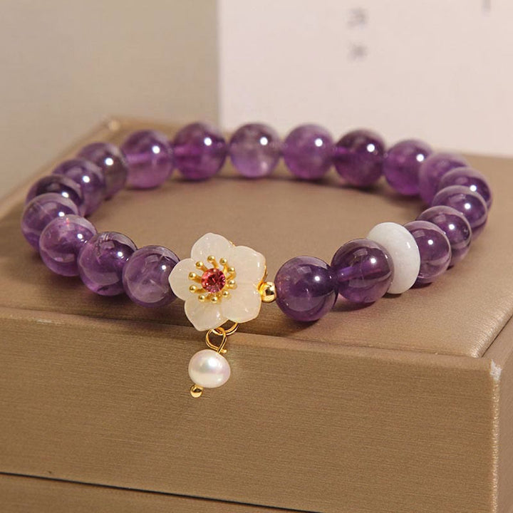 Buddha Stones Naturalny Ametyst Biały Agat Perła Charm Bransoletka Równowaga