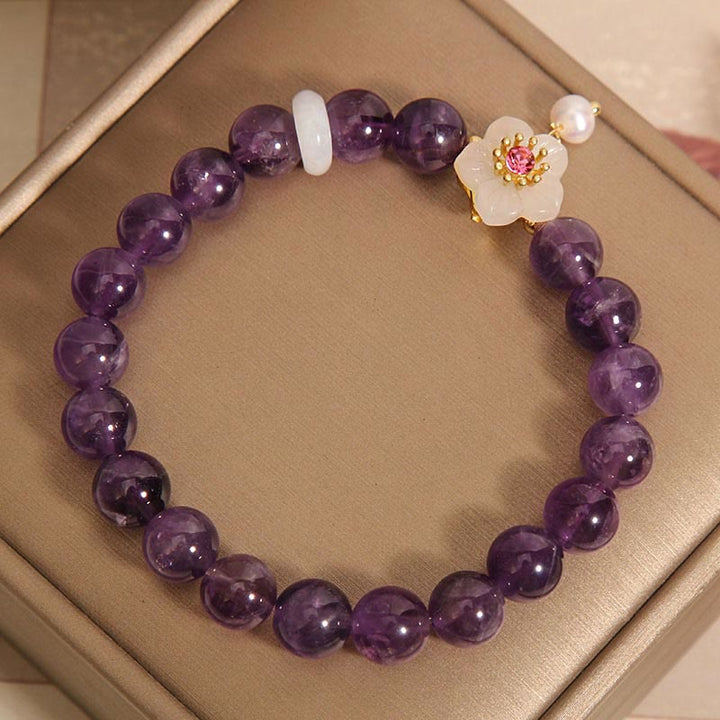 Buddha Stones Naturalny Ametyst Biały Agat Perła Charm Bransoletka Równowaga