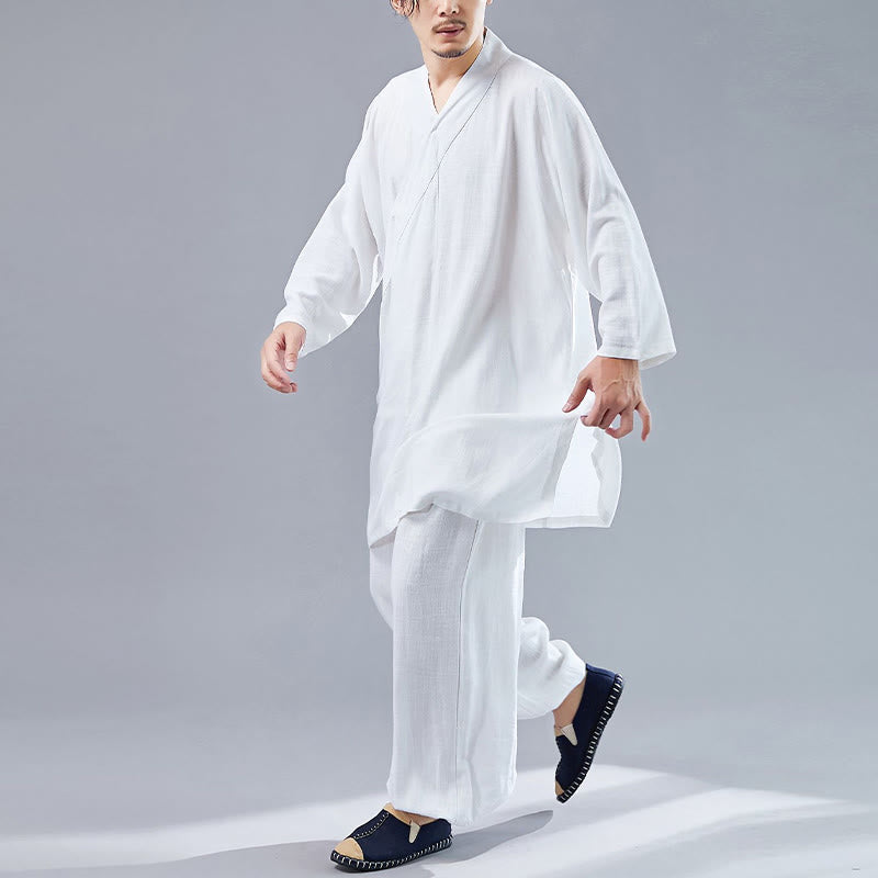 Buddha Stones 2 szt. Koszulka męska z długim rękawem i dekoltem w serek Top Spodnie Medytacja Zen Tai Chi Bawełna Lniany Zestaw Ubrań - image 3