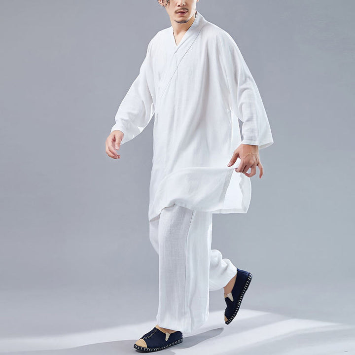 Buddha Stones 2 szt. Koszulka męska z długim rękawem i dekoltem w serek Top Spodnie Medytacja Zen Tai Chi Bawełna Lniany Zestaw Ubrań - image 3