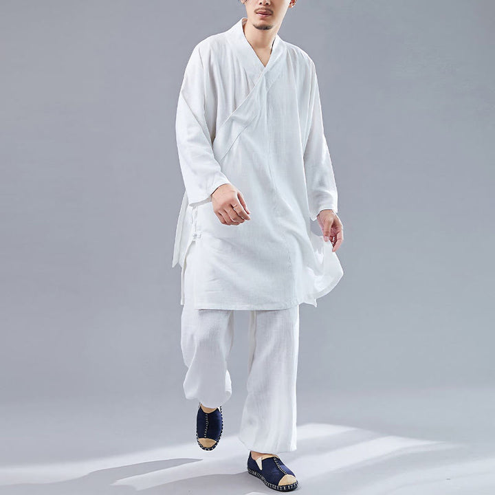 Buddha Stones 2 szt. Koszulka męska z długim rękawem i dekoltem w serek Top Spodnie Medytacja Zen Tai Chi Bawełna Lniany Zestaw Ubrań - image 5